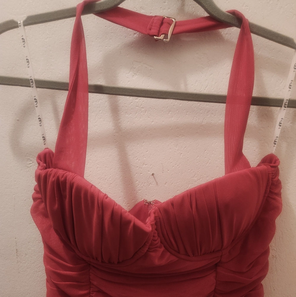 Club L London | Breakthough Raspberry Ruched Halterneck Mini Dress - Picture 9 of 9